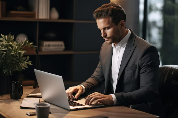 hombre elegante usando su portátil para recuperar la cuenta de Facebook