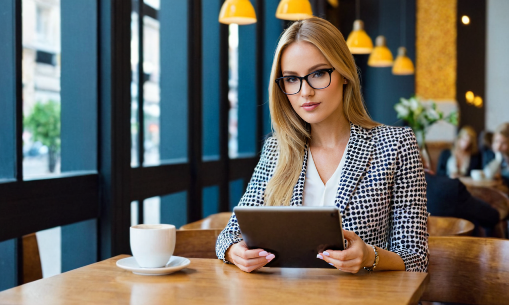 chica con gafas usando una tablet en una cafetería