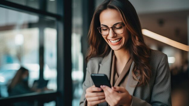 chica con gafas riéndose mientras mira su móvil