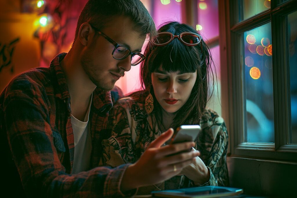 chico y chica mirando un móvil junto a una ventana
