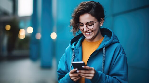 chica con gafas sonriendo mientras usa su smartphone en la calle