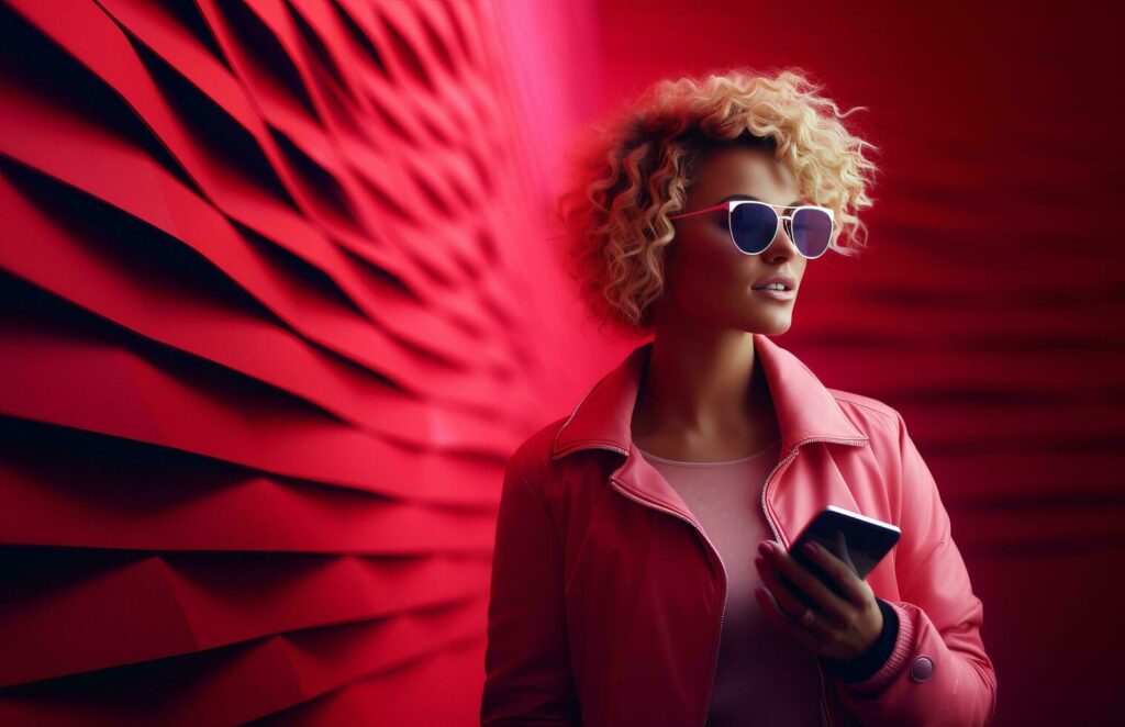 chica con gafas de sol sosteniendo un móvil y apoyada en un fondo rojo