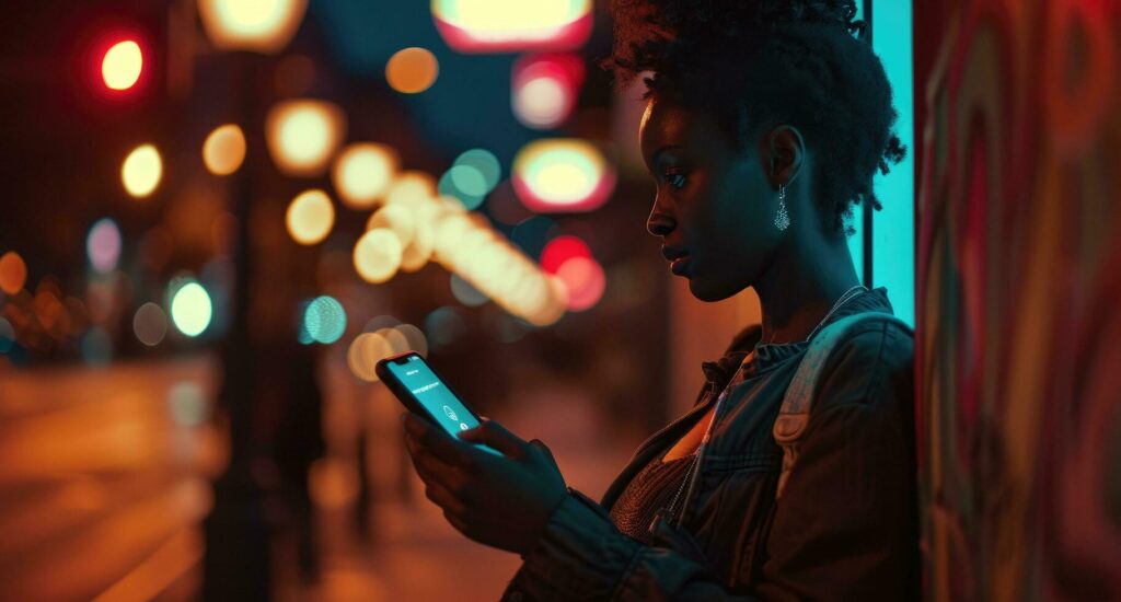 chica mirando su móvil en una calle de noche