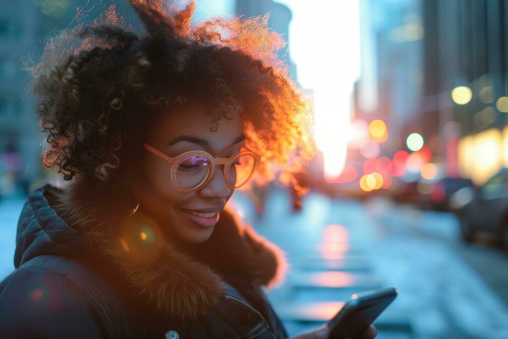 chica con gafas mirando su móvil en una calle céntrica