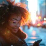 chica con gafas mirando su móvil en una calle céntrica