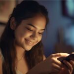 mujer sonriente mientras usa su teléfono móvil