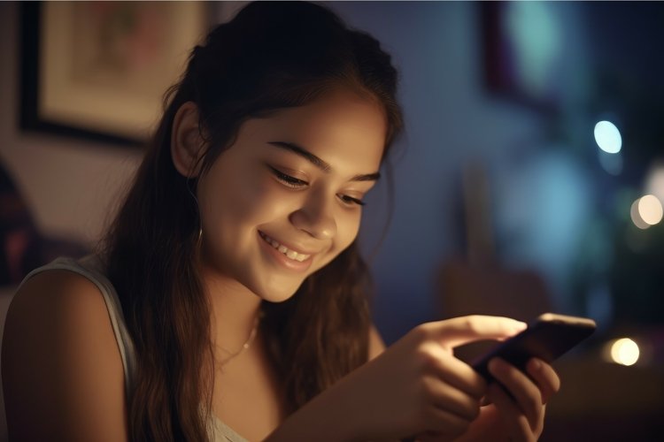 mujer sonriente mientras usa su teléfono móvil