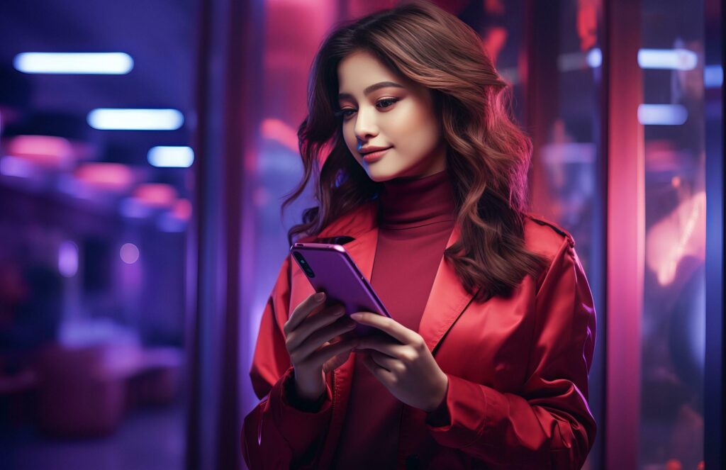 chica usando el móvil con un fondo violeta
