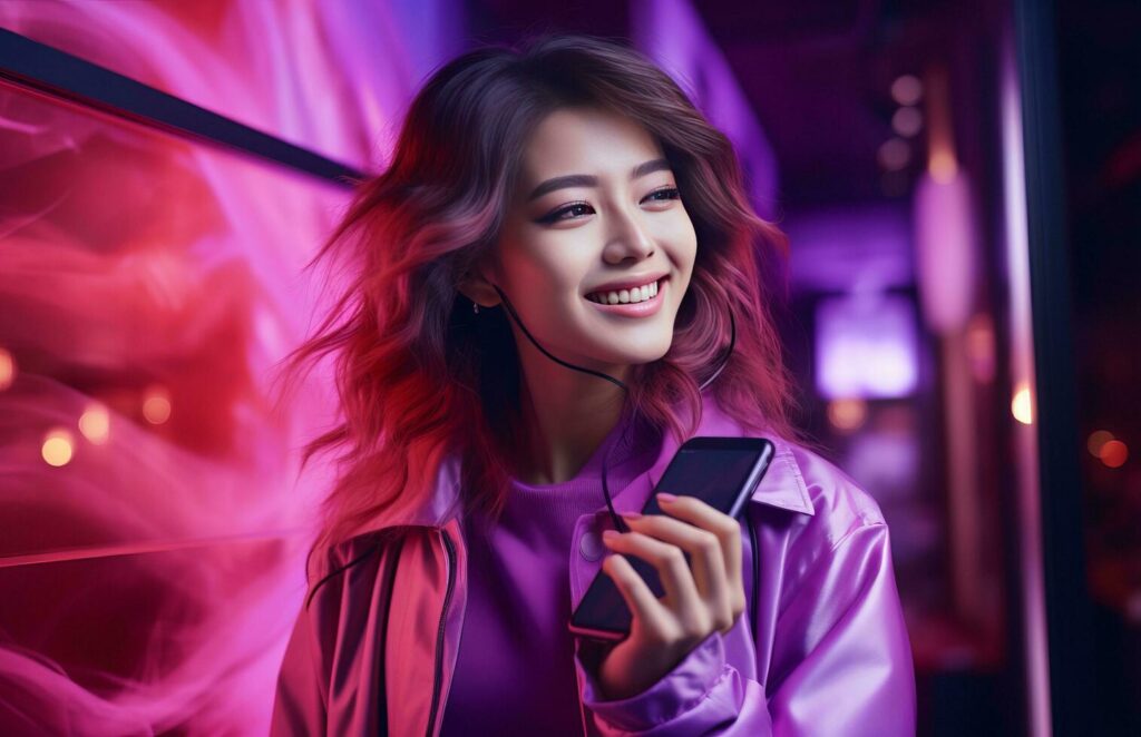 chica sosteniendo un móvil y sonriendo con un fondo violeta
