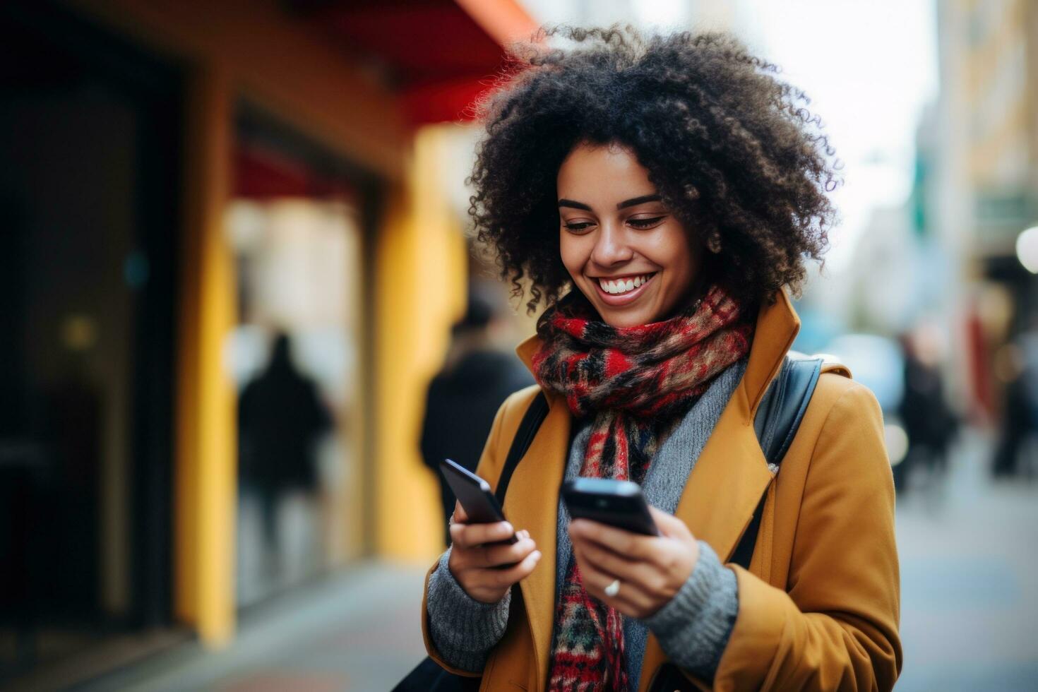 mujer sonriendo mientras usa un móvil en la calle